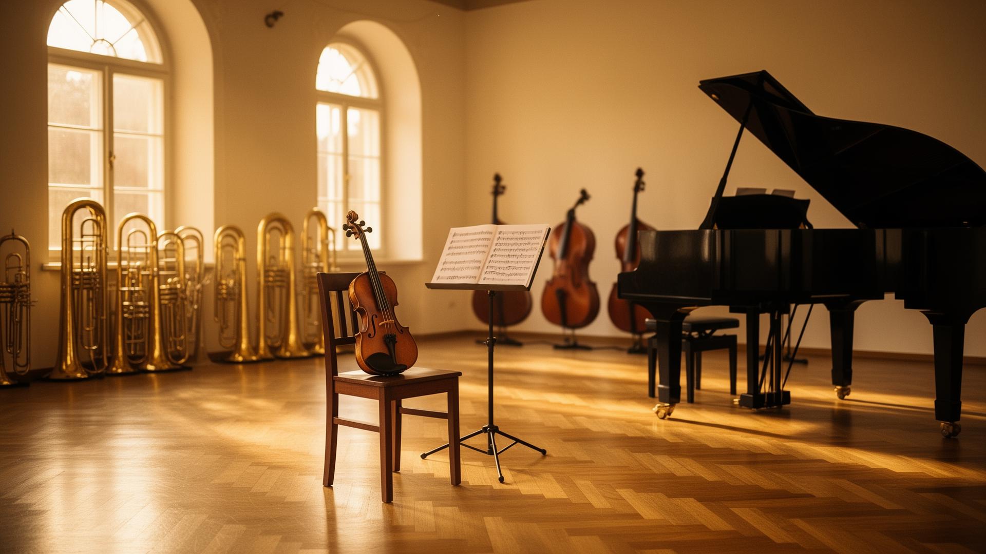 Musik- und Kunstschule Fladnitztal – Unterrichtsraum mit Klavier und Instrumenten